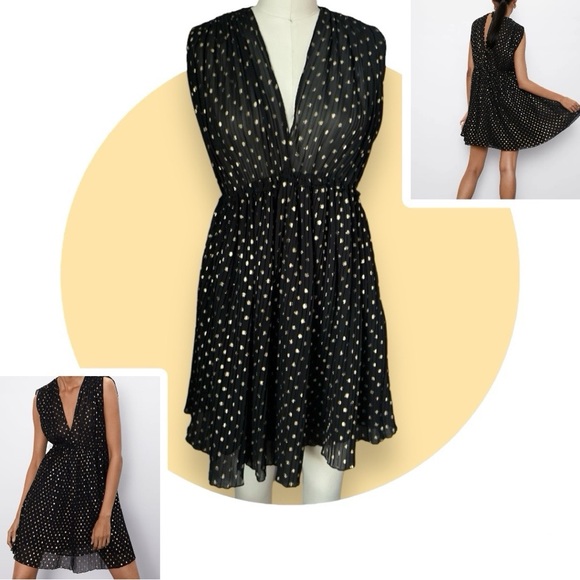 Zara Pleated Polka Dot Metallic Gold Dress - Picture 1 of 4